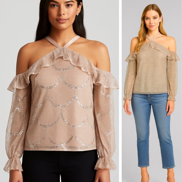 Alexis Kylie Lace Cold Shoulder Top in Blush Nude Metallic Size Small - Picture 1 of 10